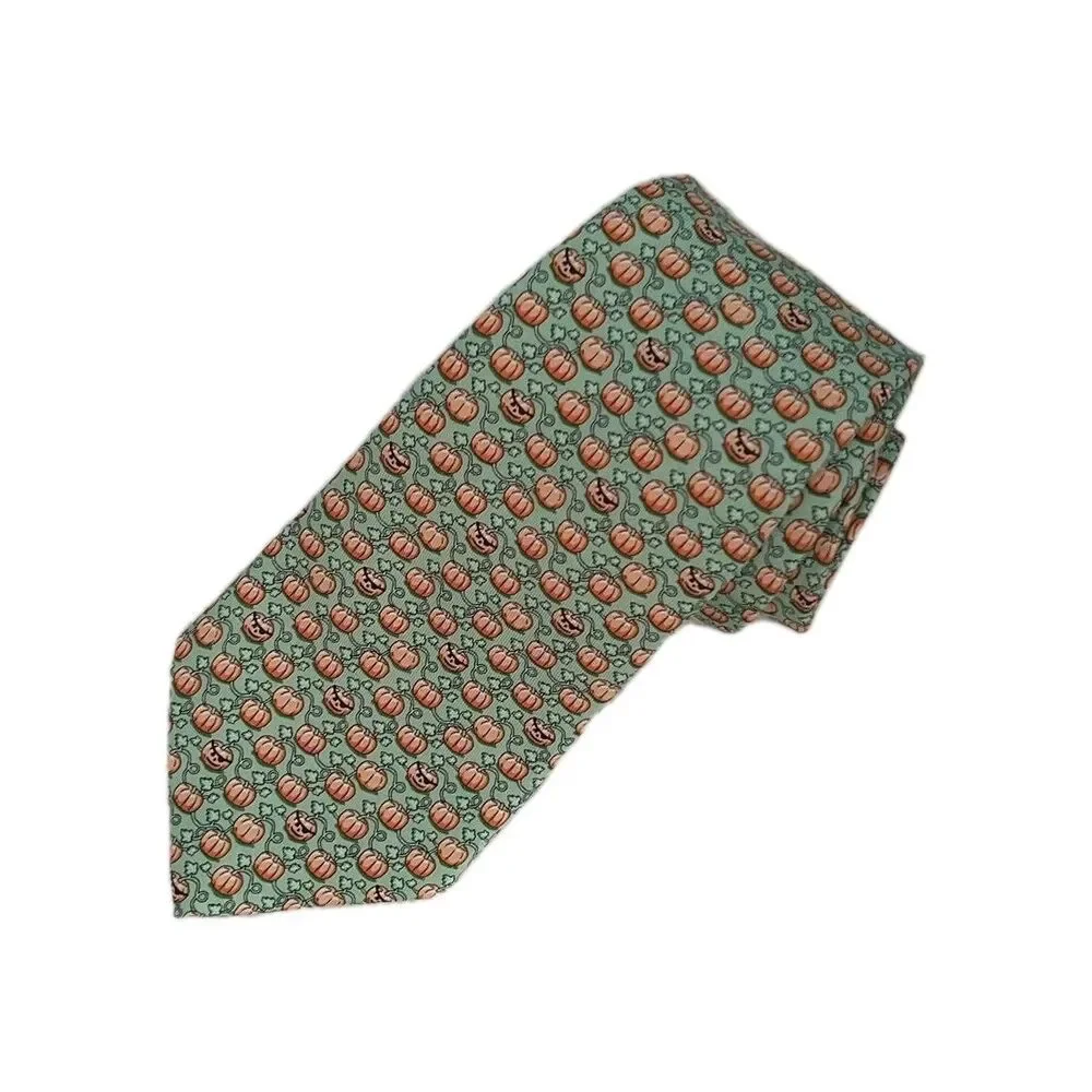 Vineyard Vines Necktie Tie Youth Boy Silk Green Orange Pumpkin Halloween Fall49